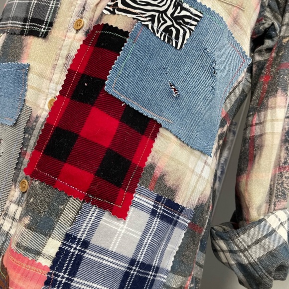 Upcycled Bleached Plaid Flannel with Red Denim Patchwork Animal Prints - Picture 3 of 8